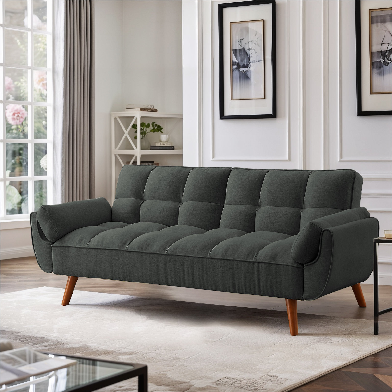 Alwyn Home Tarantino Twin 75.3 Upholstered Split Back Convertible Sofa Fabric Gray Black Linen Futons